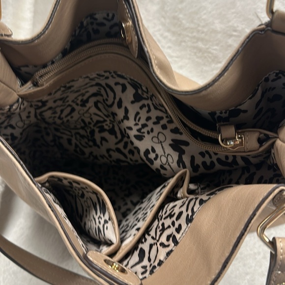 Jessica Simpson Women's Tan Faux Leather Camille Hobo Bag Tote with Gold Beads - Picture 7 of 11